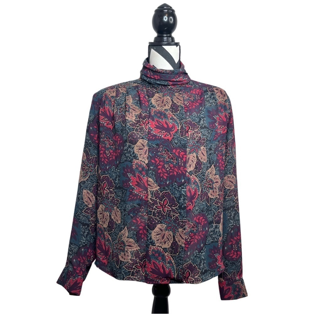 Vintage Dark Floral Fall Winter Chiffon 90s High-Neck Long-Sleeve Sz 12 Blouse